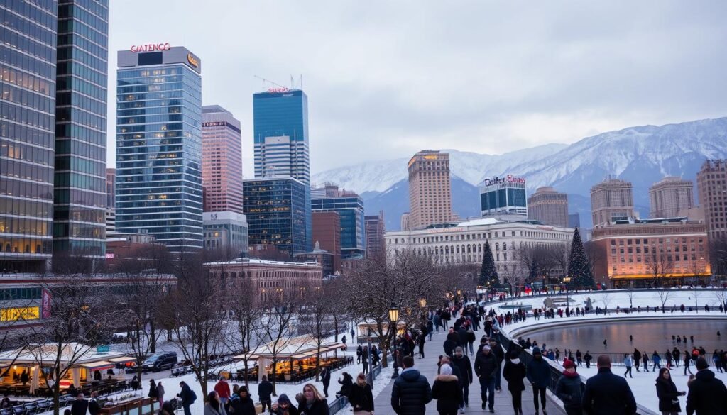 A bustling urban winter cityscape with towering skyscrapers blanketed in snow, their glass facades reflecting the warm glow of street lamps and neon signs. In the foreground, pedestrians bundled in coats and scarves stroll along a lively sidewalk lined with charming cafes and boutiques. The middle ground features a picturesque park with leafless trees and a frozen pond where people ice skate. In the background, snow-capped mountains rise majestically against a hazy, dusky sky. The overall mood is one of vibrant energy and seasonal wonder, inviting the viewer to explore the culture, cuisine, and outdoor delights of this urban winter wonderland. A bustling urban winter cityscape with towering skyscrapers blanketed in snow, their glass facades reflecting the warm glow of street lamps and neon signs. In the foreground, pedestrians bundled in coats and scarves stroll along a lively sidewalk lined with charming cafes and boutiques. The middle ground features a picturesque park with leafless trees and a frozen pond where people ice skate. In the background, snow-capped mountains rise majestically against a hazy, dusky sky. The overall mood is one of vibrant energy and seasonal wonder, inviting the viewer to explore the culture, cuisine, and outdoor delights of this urban winter wonderland.