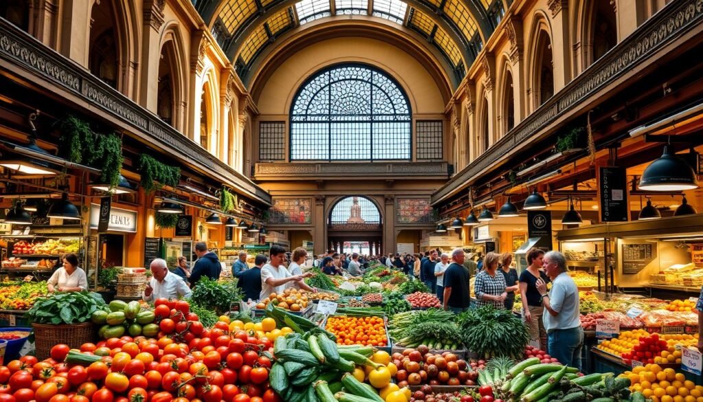 A bustling, vibrant scene of the Mercato Centrale in Florence, Italy. In the foreground, an abundance of fresh produce, from vibrant tomatoes and leafy greens to plump fruits. Vendors hawk their wares, their stalls overflowing with the colors and aromas of the region. In the middle ground, the grand, historic architecture of the market hall frames the lively activity, its soaring ceilings and iron-latticed windows casting a warm, golden light across the scene. In the background, the buzz of the crowd mingles with the sounds of sizzling pans and the chatter of enthusiastic shoppers, creating an atmosphere of culinary discovery and community. Capture the energy, the flavors, and the spirit of this iconic Florentine market. A bustling, vibrant scene of the Mercato Centrale in Florence, Italy. In the foreground, an abundance of fresh produce, from vibrant tomatoes and leafy greens to plump fruits. Vendors hawk their wares, their stalls overflowing with the colors and aromas of the region. In the middle ground, the grand, historic architecture of the market hall frames the lively activity, its soaring ceilings and iron-latticed windows casting a warm, golden light across the scene. In the background, the buzz of the crowd mingles with the sounds of sizzling pans and the chatter of enthusiastic shoppers, creating an atmosphere of culinary discovery and community. Capture the energy, the flavors, and the spirit of this iconic Florentine market.