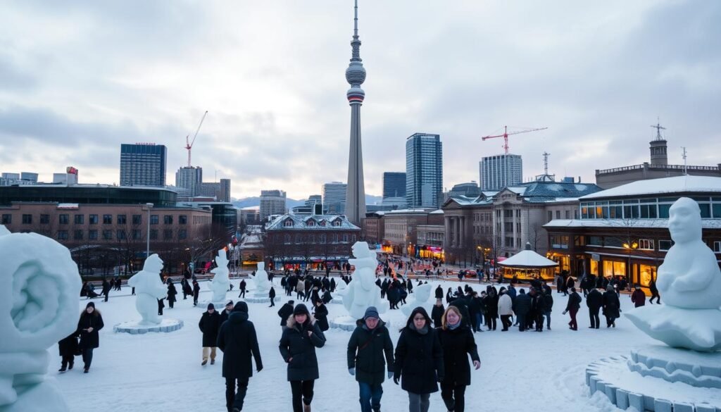 A bustling winter cityscape in Sapporo, Hokkaido, Japan. In the foreground, a snow-covered park with intricate ice sculptures and people strolling, bundled up in warm coats. The middle ground features the iconic Sapporo TV Tower, its cylindrical silhouette cutting against a cloudy, softly-lit sky. In the background, a panorama of the city's modern high-rises and historic buildings, their roofs dusted with a layer of pristine snow. Warm lighting from street lamps and shop windows casts a cozy, inviting glow over the scene. The overall atmosphere captures the festive spirit and laid-back charm of Sapporo during the famous Snow Festival.