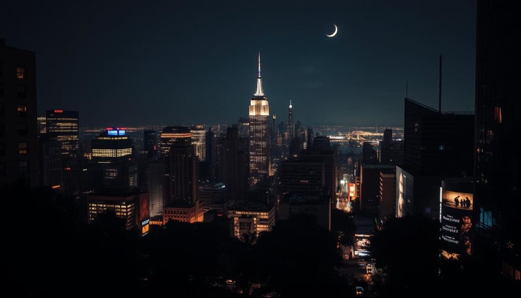 A captivating night view of the iconic New York City skyline, showcasing the towering skyscrapers and bright lights that illuminate the bustling metropolis. In the foreground, the dark silhouettes of buildings and trees create a moody atmosphere, while the middle ground is dominated by the glittering lights of Times Square, reflecting off the wet pavement. The background is a stunning panorama of the city's famous landmarks, such as the Empire State Building and the Brooklyn Bridge, set against a deep, inky night sky with a crescent moon peeking through. The scene is captured with a wide-angle lens, creating a cinematic, immersive perspective that captures the energy and vibrance of New York City after dark. A captivating night view of the iconic New York City skyline, showcasing the towering skyscrapers and bright lights that illuminate the bustling metropolis. In the foreground, the dark silhouettes of buildings and trees create a moody atmosphere, while the middle ground is dominated by the glittering lights of Times Square, reflecting off the wet pavement. The background is a stunning panorama of the city's famous landmarks, such as the Empire State Building and the Brooklyn Bridge, set against a deep, inky night sky with a crescent moon peeking through. The scene is captured with a wide-angle lens, creating a cinematic, immersive perspective that captures the energy and vibrance of New York City after dark.
