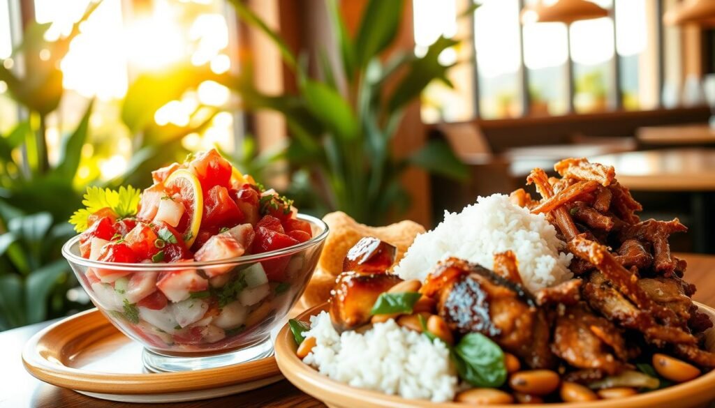 A carefully curated poke bowl, overflowing with vibrant, fresh-caught ahi tuna, nestled alongside a fluffy, golden-brown Portuguese sweet bread bun, drizzled with creamy guava butter, and a hearty, island-style plate lunch featuring tender, slow-roasted kalua pork, sticky white rice, and crunchy, pickled vegetables - all arranged in a visually striking, mouth-watering display against a backdrop of lush, tropical foliage and warm, golden sunlight filtering through the windows of a cozy, modern Honolulu eatery.