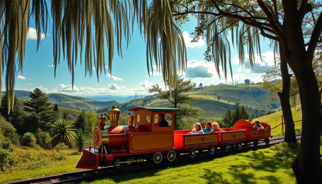 A charming, brightly-colored miniature train chugging along a winding track, surrounded by a lush, verdant landscape. The engine is gleaming and streamlined, with intricate details like polished brass fittings and a cheerful, whimsical design. The cars behind it are decorated with bright, inviting colors and patterns, beckoning young passengers to climb aboard. Dappled sunlight filters through the canopy of tall, swaying trees, casting a warm, inviting glow over the entire scene. In the background, rolling hills dotted with fluffy clouds create a serene, tranquil atmosphere, perfect for a family day of exploration and discovery.
