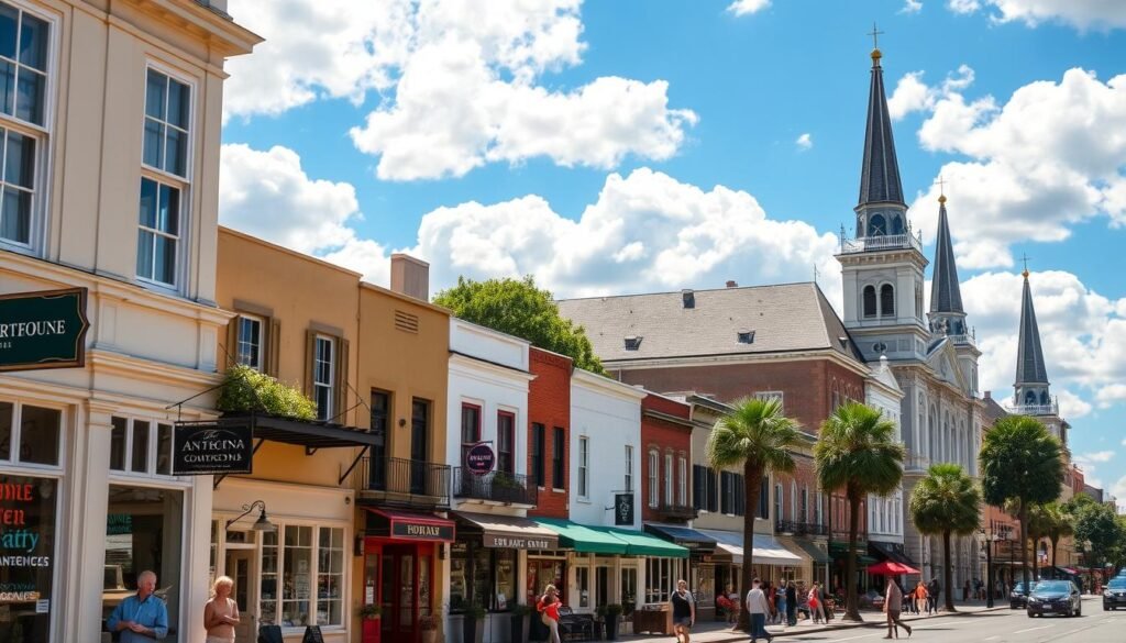 A charming city street in downtown Charleston, SC on a bright, sunny day. In the foreground, a picturesque row of local shops and eateries, their colorful facades reflecting the warm sunlight. Pedestrians stroll along the sidewalk, stopping to admire the array of independent boutiques, antique stores, and cozy cafes. In the middle ground, historic buildings with ornate architecture line the street, casting subtle shadows over the scene. The background features the iconic steeples of Charleston's churches, their spires reaching skyward against a brilliant blue sky dotted with fluffy white clouds. An atmosphere of vibrant energy, Southern hospitality, and timeless beauty pervades the entire composition. A charming city street in downtown Charleston, SC on a bright, sunny day. In the foreground, a picturesque row of local shops and eateries, their colorful facades reflecting the warm sunlight. Pedestrians stroll along the sidewalk, stopping to admire the array of independent boutiques, antique stores, and cozy cafes. In the middle ground, historic buildings with ornate architecture line the street, casting subtle shadows over the scene. The background features the iconic steeples of Charleston's churches, their spires reaching skyward against a brilliant blue sky dotted with fluffy white clouds. An atmosphere of vibrant energy, Southern hospitality, and timeless beauty pervades the entire composition.