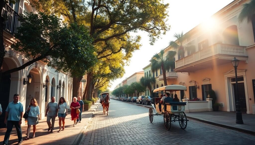 A charming cobblestone street in historic Charleston, SC, bathed in warm afternoon sunlight. In the foreground, pedestrians stroll leisurely, taking in the quaint architecture and lush greenery. Further down the road, a horse-drawn carriage clip-clops along, offering a classic sightseeing experience. Ornate antebellum homes and towering palmetto trees line the street, creating a timeless, Southern ambiance. The scene is captured with a wide-angle lens, highlighting the inviting and picturesque nature of this self-guided walking tour through the heart of the Holy City. A charming cobblestone street in historic Charleston, SC, bathed in warm afternoon sunlight. In the foreground, pedestrians stroll leisurely, taking in the quaint architecture and lush greenery. Further down the road, a horse-drawn carriage clip-clops along, offering a classic sightseeing experience. Ornate antebellum homes and towering palmetto trees line the street, creating a timeless, Southern ambiance. The scene is captured with a wide-angle lens, highlighting the inviting and picturesque nature of this self-guided walking tour through the heart of the Holy City.