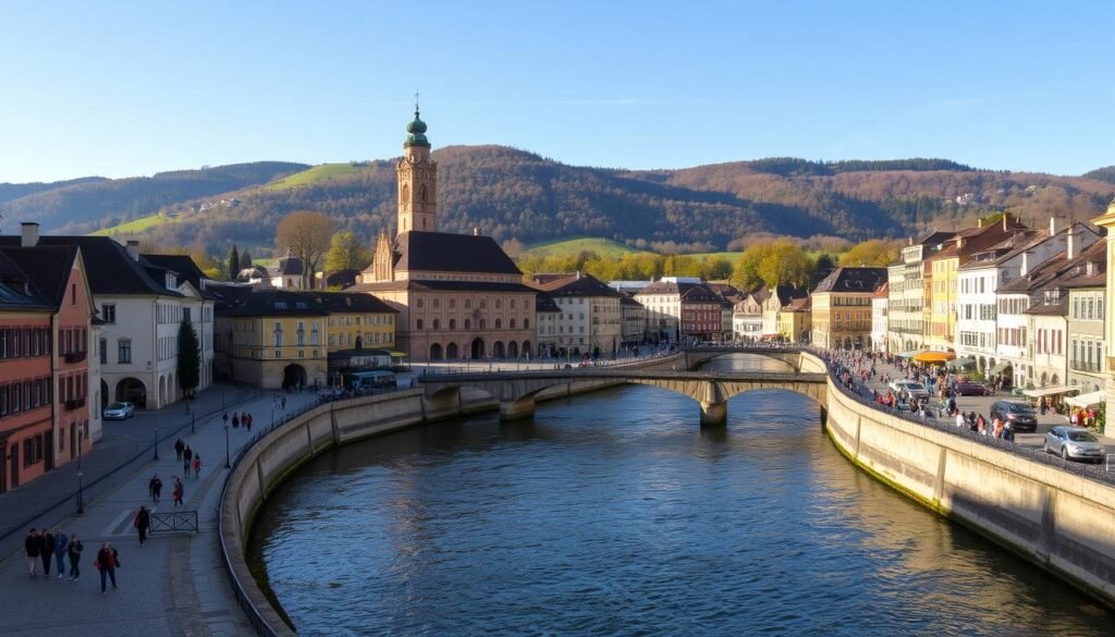 A charming old town nestled along the winding Ljubljanica River, with cobblestone streets flanked by colorful Baroque and Renaissance-era buildings. Quaint bridges arch gracefully over the tranquil waterway, as locals and tourists stroll by, taking in the picturesque scene. The town square is a lively hub, with an ornate Town Hall and a towering cathedral at its center, bathed in warm, golden light. In the distance, the gently sloping green hills of Slovenia provide a serene backdrop, creating a serene, picture-perfect European setting. A charming old town nestled along the winding Ljubljanica River, with cobblestone streets flanked by colorful Baroque and Renaissance-era buildings. Quaint bridges arch gracefully over the tranquil waterway, as locals and tourists stroll by, taking in the picturesque scene. The town square is a lively hub, with an ornate Town Hall and a towering cathedral at its center, bathed in warm, golden light. In the distance, the gently sloping green hills of Slovenia provide a serene backdrop, creating a serene, picture-perfect European setting.