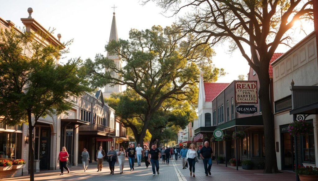 A charming scene of downtown Fredericksburg, Texas, bathed in warm, golden sunlight. Quaint, historic buildings line the bustling Main Street, their facades adorned with intricate architectural details and colorful window boxes. Pedestrians stroll leisurely, enjoying the lively atmosphere as they window-shop at local boutiques and art galleries. In the distance, the iconic steeple of the Presbyterian Church towers above, its white stucco and red-tiled roof reflecting the sunlight. Mature live oak trees cast dappled shadows, adding to the peaceful, small-town ambiance. The scene evokes a timeless, nostalgic charm, inviting the viewer to imagine themselves exploring the delights of this enchanting Hill Country destination.