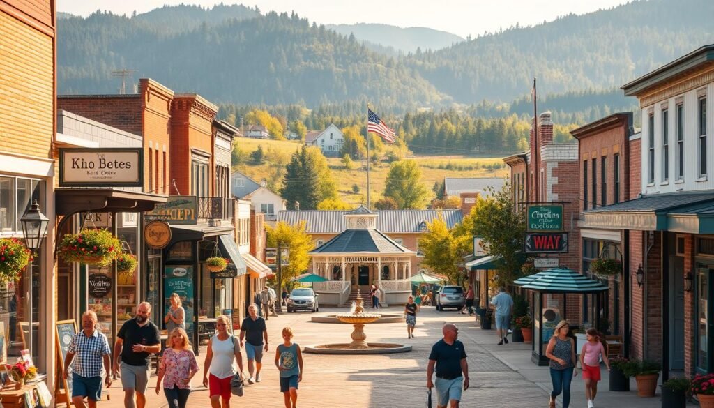 A charming small-town main street, lined with quaint shops, cafes, and historic buildings. In the foreground, families stroll along the sidewalks, stopping to window-shop and admire the local artworks and crafts on display. In the middle ground, a picturesque town square with a vintage gazebo and a bubbling fountain, surrounded by a cluster of independent businesses. In the background, rolling hills and lush forests create a peaceful, natural backdrop. The scene is bathed in warm, golden late-afternoon light, casting a cozy, inviting glow over the entire town. A classic Americana setting, perfect for a fun, low-key day trip with kids.