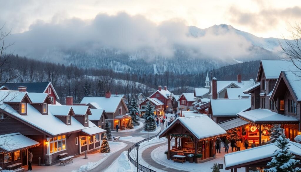 A charming winter wonderland in Vermont, with a quaint village nestled among snow-capped mountains. In the foreground, cozy inns and classic clapboard houses are dusted in a pristine layer of fresh snow, their warm lights glowing invitingly. In the middle ground, a bustling Christmas market comes alive, with wooden stalls selling handcrafted local goods, steaming mugs of hot cider, and the sound of carolers filling the frosty air. The background is dominated by a majestic mountain range, its peaks shrouded in a soft, ethereal mist. The scene is bathed in a golden, diffused light, creating a magical, peaceful atmosphere that captures the essence of a quintessential Vermont winter. A charming winter wonderland in Vermont, with a quaint village nestled among snow-capped mountains. In the foreground, cozy inns and classic clapboard houses are dusted in a pristine layer of fresh snow, their warm lights glowing invitingly. In the middle ground, a bustling Christmas market comes alive, with wooden stalls selling handcrafted local goods, steaming mugs of hot cider, and the sound of carolers filling the frosty air. The background is dominated by a majestic mountain range, its peaks shrouded in a soft, ethereal mist. The scene is bathed in a golden, diffused light, creating a magical, peaceful atmosphere that captures the essence of a quintessential Vermont winter.