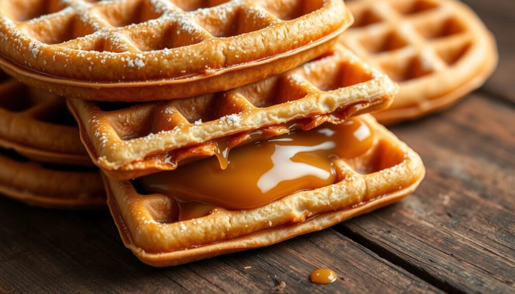 A close-up view of a stack of freshly baked stroopwafels, golden-brown in color, with a gooey caramel filling oozing from the center. The waffle pattern is clearly visible, with a slight sheen on the surface, indicating a light glaze or dusting of powdered sugar. The stroopwafels are arranged on a rustic, wooden surface, creating a warm and inviting atmosphere. Soft, natural lighting casts gentle shadows, highlighting the delicate texture and layered structure of the pastries. The overall mood is one of comfort, indulgence, and a celebration of Dutch culinary traditions.