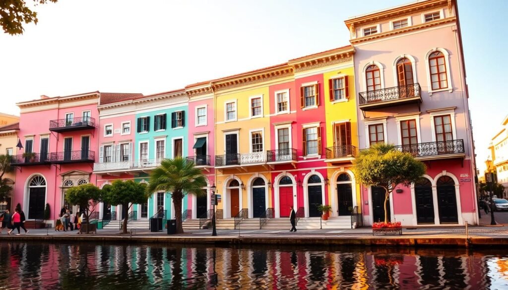 A colorful row of historic Charleston, South Carolina houses, known as Rainbow Row, set against a warm, golden afternoon sun. The charming pastel facades, ranging from vibrant pinks and yellows to soft blues and greens, are reflected in the still waters of the adjacent East Bay Street. Intricate architectural details, such as wrought-iron balconies and ornate doorways, add depth and character to the scene. A few pedestrians stroll along the sidewalk, surrounded by the timeless elegance and rich history of this iconic Charleston landmark. A colorful row of historic Charleston, South Carolina houses, known as Rainbow Row, set against a warm, golden afternoon sun. The charming pastel facades, ranging from vibrant pinks and yellows to soft blues and greens, are reflected in the still waters of the adjacent East Bay Street. Intricate architectural details, such as wrought-iron balconies and ornate doorways, add depth and character to the scene. A few pedestrians stroll along the sidewalk, surrounded by the timeless elegance and rich history of this iconic Charleston landmark.