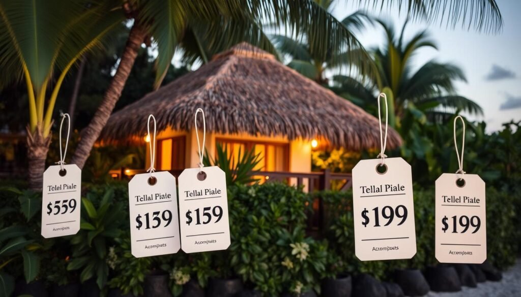 A cozy Fijian bungalow nestled amidst lush tropical foliage, its thatched roof glowing warmly under the soft afternoon sun. In the foreground, a series of price tags float effortlessly, showcasing a range of accommodation options from budget-friendly to luxurious. The scene exudes a sense of relaxation and tranquility, inviting the viewer to imagine themselves immersed in the island's serene beauty, with the ideal lodging option within reach. A cozy Fijian bungalow nestled amidst lush tropical foliage, its thatched roof glowing warmly under the soft afternoon sun. In the foreground, a series of price tags float effortlessly, showcasing a range of accommodation options from budget-friendly to luxurious. The scene exudes a sense of relaxation and tranquility, inviting the viewer to imagine themselves immersed in the island's serene beauty, with the ideal lodging option within reach.