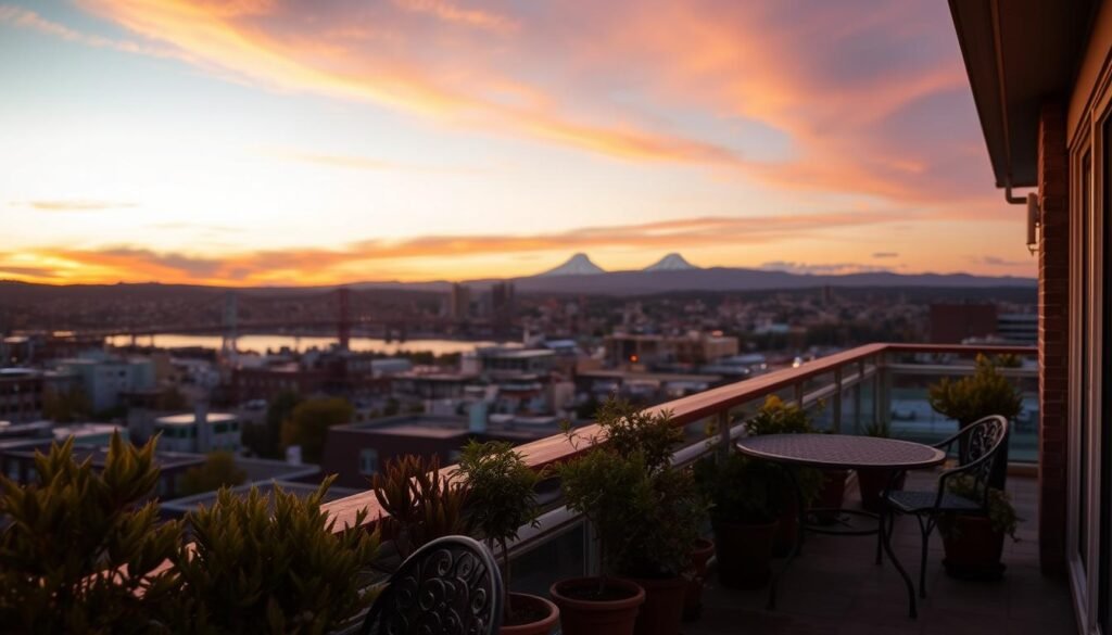 A cozy Portland rooftop at dusk, bathed in warm golden light. In the foreground, lush potted plants and a wrought-iron bistro set beckon. The middle ground reveals the city skyline, with the iconic silhouette of the Willamette River bridges and the distant peak of Mount Hood. In the background, a dusky sky fades from vibrant oranges to deep purples, creating a serene and inviting atmosphere. The scene is captured through a wide-angle lens, conveying a sense of expansive urban tranquility, perfect for sipping coffee or enjoying a glass of local wine under the stars.