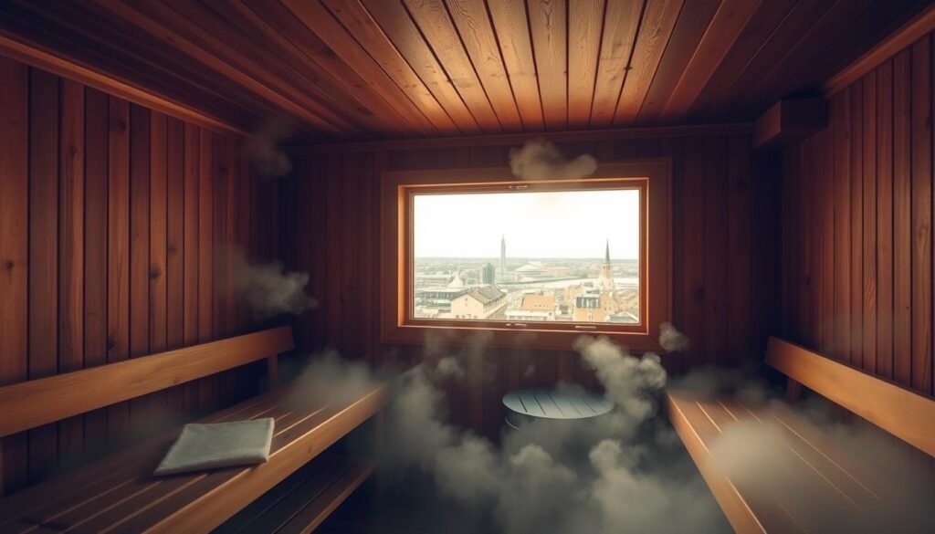 A cozy and tranquil Helsinki sauna nestled in the heart of the city, bathed in warm, golden lighting. The sauna's wooden interior exudes a rustic charm, with benches inviting visitors to relax and unwind. Soft steam billows gently, creating a serene and therapeutic atmosphere. Through the sauna's large windows, the vibrant cityscape of Helsinki can be glimpsed, a harmonious blend of modern architecture and the natural beauty of the surrounding landscape. This scene captures the essence of Finland's clean, creative cities and their deep connection to the rejuvenating power of nature.