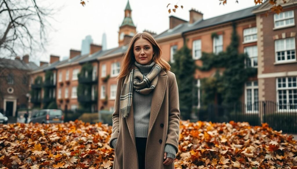 A cozy autumn day in London, crisp and overcast. In the foreground, a stylish woman stands amidst a pile of autumn leaves, wearing a fitted turtleneck sweater, a plaid scarf, and a wool peacoat. The middle ground features a row of Victorian townhouses, their brick facades adorned with climbing ivy. In the background, the iconic silhouettes of Big Ben and the Houses of Parliament peek through the hazy skyline, bathed in a soft, diffused light. The overall scene conveys a sense of layered textures, from the soft knits to the weathered stone, all under the gentle embrace of an autumnal London afternoon. A cozy autumn day in London, crisp and overcast. In the foreground, a stylish woman stands amidst a pile of autumn leaves, wearing a fitted turtleneck sweater, a plaid scarf, and a wool peacoat. The middle ground features a row of Victorian townhouses, their brick facades adorned with climbing ivy. In the background, the iconic silhouettes of Big Ben and the Houses of Parliament peek through the hazy skyline, bathed in a soft, diffused light. The overall scene conveys a sense of layered textures, from the soft knits to the weathered stone, all under the gentle embrace of an autumnal London afternoon.