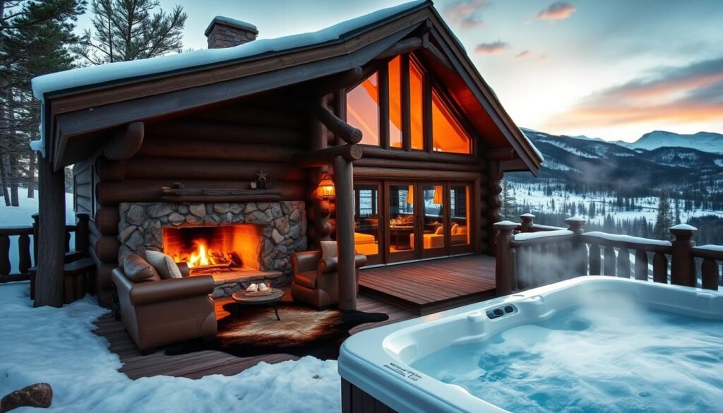 A cozy cabin nestled in the heart of the Colorado Rockies, adorned with warm lighting and surrounded by snow-capped peaks. The rustic exterior blends seamlessly with the natural landscape, inviting weary travelers to discover its charming interior. A crackling fireplace casts a soft glow, illuminating plush leather furnishings and a bearskin rug. Large windows provide breathtaking views of the serene mountain setting, while a hot tub steams in the crisp, alpine air. This idyllic accommodation offers the perfect respite from the crowds and high prices of the more popular tourist destinations, providing a tranquil and affordable haven for those seeking to immerse themselves in Colorado's natural beauty. A cozy cabin nestled in the heart of the Colorado Rockies, adorned with warm lighting and surrounded by snow-capped peaks. The rustic exterior blends seamlessly with the natural landscape, inviting weary travelers to discover its charming interior. A crackling fireplace casts a soft glow, illuminating plush leather furnishings and a bearskin rug. Large windows provide breathtaking views of the serene mountain setting, while a hot tub steams in the crisp, alpine air. This idyllic accommodation offers the perfect respite from the crowds and high prices of the more popular tourist destinations, providing a tranquil and affordable haven for those seeking to immerse themselves in Colorado's natural beauty.