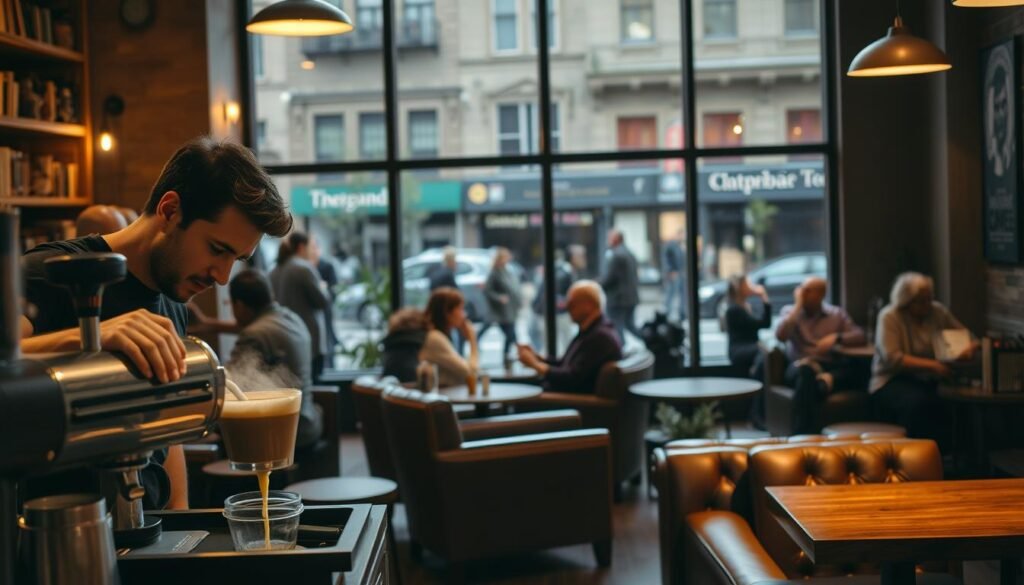 A cozy coffee shop in the heart of Portland, Oregon. In the foreground, a barista diligently crafts a latte, the steam rising as they pour the milk with precision. Warm lighting casts a soft glow over the scene, illuminating the rich, wooden furnishings and worn leather armchairs. In the middle ground, patrons sip their drinks and converse in hushed tones, creating a tranquil, intimate atmosphere. The background features a wall of floor-to-ceiling windows, offering a glimpse of the bustling city streets outside, where people stroll past independent bookstores and artisanal boutiques. The overall mood is one of relaxation and community, capturing the essence of Portland's vibrant coffee and tea culture.