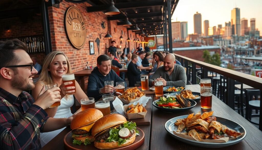 A cozy, inviting scene in the heart of downtown Oklahoma City, where breweries and bites come together in a vibrant tapestry. In the foreground, a group of friends enjoys craft beers at a bustling local taproom, their laughter and conversation creating a warm, convivial atmosphere. The middle ground showcases a diverse array of culinary delights, from artisanal burgers to savory small plates, set against a backdrop of exposed brick walls and rustic wood accents. In the background, the iconic skyline of Oklahoma City rises, bathed in the golden glow of the setting sun, hinting at the city's rich cultural heritage and growing reputation as a hub for food and drink enthusiasts.