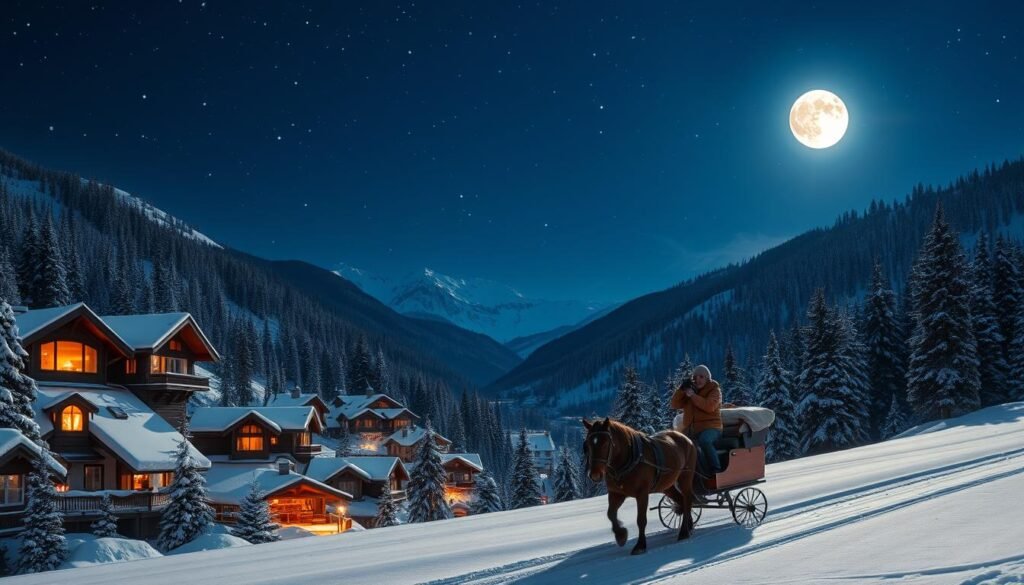 A cozy mountain town nestled in a valley, surrounded by snow-capped peaks and evergreen forests. Warm cabin lights glow through the frosty windows, inviting visitors to step inside and enjoy the crackling fireplace. In the foreground, a horse-drawn sleigh glides over the fresh powdery snow, its driver bundled up in a thick winter coat. The sky is a deep indigo, peppered with twinkling stars, and a full moon casts a soft, ethereal light over the scene. The air is crisp and invigorating, perfect for a brisk hike or cross-country ski through the tranquil, untouched wilderness. A cozy mountain town nestled in a valley, surrounded by snow-capped peaks and evergreen forests. Warm cabin lights glow through the frosty windows, inviting visitors to step inside and enjoy the crackling fireplace. In the foreground, a horse-drawn sleigh glides over the fresh powdery snow, its driver bundled up in a thick winter coat. The sky is a deep indigo, peppered with twinkling stars, and a full moon casts a soft, ethereal light over the scene. The air is crisp and invigorating, perfect for a brisk hike or cross-country ski through the tranquil, untouched wilderness.
