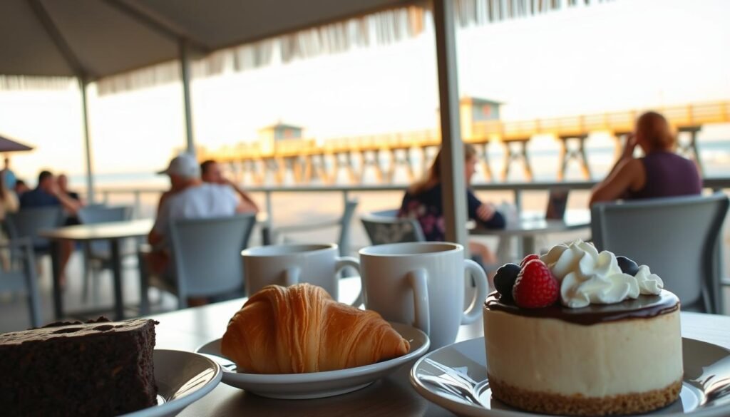 A cozy outdoor cafe scene at Wrightsville Beach, North Carolina. In the foreground, a delectable array of desserts - a decadent chocolate cake, a flaky croissant, and a creamy cheesecake garnished with fresh berries. Steaming mugs of rich, aromatic coffee sit nearby, their fragrance mingling with the salty sea breeze. In the middle ground, patrons leisurely enjoy their treats, conversing and taking in the scenic views of the beach and the gently lapping waves. The background features the iconic Wrightsville Beach Pier, its wooden planks and railings silhouetted against a warm, golden sunset sky. The lighting is soft and inviting, creating a tranquil, relaxed atmosphere perfect for savoring the simple pleasures of coffee and dessert.