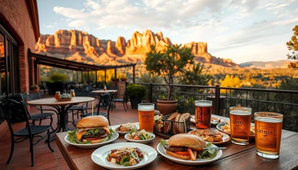 A cozy, rustic outdoor dining setting in the heart of Sedona's majestic red rock landscape. In the foreground, a wooden table is adorned with a laidback yet elegant spread of local specialties - gourmet burgers, crisp salads, and craft beers. The middle ground features a well-appointed patio with wrought-iron furniture and lush greenery, while the background showcases Sedona's iconic sandstone formations bathed in warm, golden-hour lighting. An atmosphere of relaxation and satisfied adventure permeates the scene, inviting the viewer to unwind after a day's exploration of the trails.