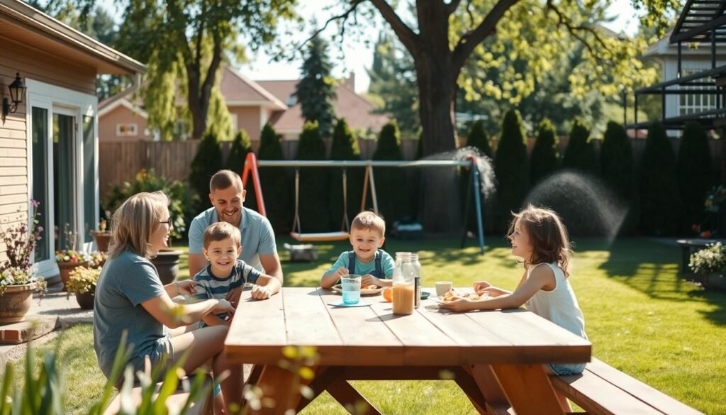 A cozy suburban backyard on a sunny afternoon. In the foreground, a family gathers around a picnic table, laughing and enjoying a shared meal. The parents and two children, a boy and a girl, are engaged in animated conversation, their faces aglow with joy. In the middle ground, a swing set and a sprinkler create a sense of playfulness, while a well-tended garden adds a touch of vibrant color. The background features a neatly trimmed lawn and a few towering trees, casting a dappled light across the scene. The overall atmosphere is one of warmth, togetherness, and the simple pleasures of quality time spent with loved ones.