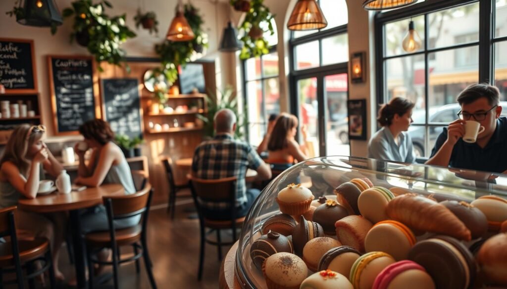 A cozy, sun-dappled café nestled in a quaint San Diego neighborhood, its charming storefront adorned with lush greenery and a chalkboard menu. Inside, an inviting atmosphere with warm lighting, wooden tables, and the tantalizing aroma of freshly baked pastries. In the foreground, an artisanal display showcases a tempting array of flaky croissants, decadent chocolate éclairs, and delicate macarons in vibrant colors. Patrons sip their beverages, absorbed in conversation or gazing out of large windows overlooking a bustling street scene. The overall mood is one of relaxation, indulgence, and a celebration of the simple pleasures of life. A cozy, sun-dappled café nestled in a quaint San Diego neighborhood, its charming storefront adorned with lush greenery and a chalkboard menu. Inside, an inviting atmosphere with warm lighting, wooden tables, and the tantalizing aroma of freshly baked pastries. In the foreground, an artisanal display showcases a tempting array of flaky croissants, decadent chocolate éclairs, and delicate macarons in vibrant colors. Patrons sip their beverages, absorbed in conversation or gazing out of large windows overlooking a bustling street scene. The overall mood is one of relaxation, indulgence, and a celebration of the simple pleasures of life.