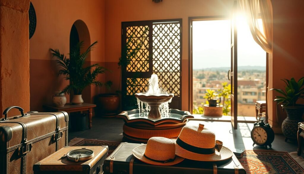 A cozy, sun-drenched Moroccan courtyard, with a central fountain softly bubbling. In the foreground, a vintage luggage set, a compass, and a woven hat - practical travel essentials. The middle ground features a vibrant, patterned rug, a traditional tea set, and a small clock, hinting at the importance of timing. In the background, a latticed window opens to a distant, hazy view of the Atlas Mountains. Warm, amber lighting filters through, creating a serene, contemplative atmosphere. A cozy, sun-drenched Moroccan courtyard, with a central fountain softly bubbling. In the foreground, a vintage luggage set, a compass, and a woven hat - practical travel essentials. The middle ground features a vibrant, patterned rug, a traditional tea set, and a small clock, hinting at the importance of timing. In the background, a latticed window opens to a distant, hazy view of the Atlas Mountains. Warm, amber lighting filters through, creating a serene, contemplative atmosphere.