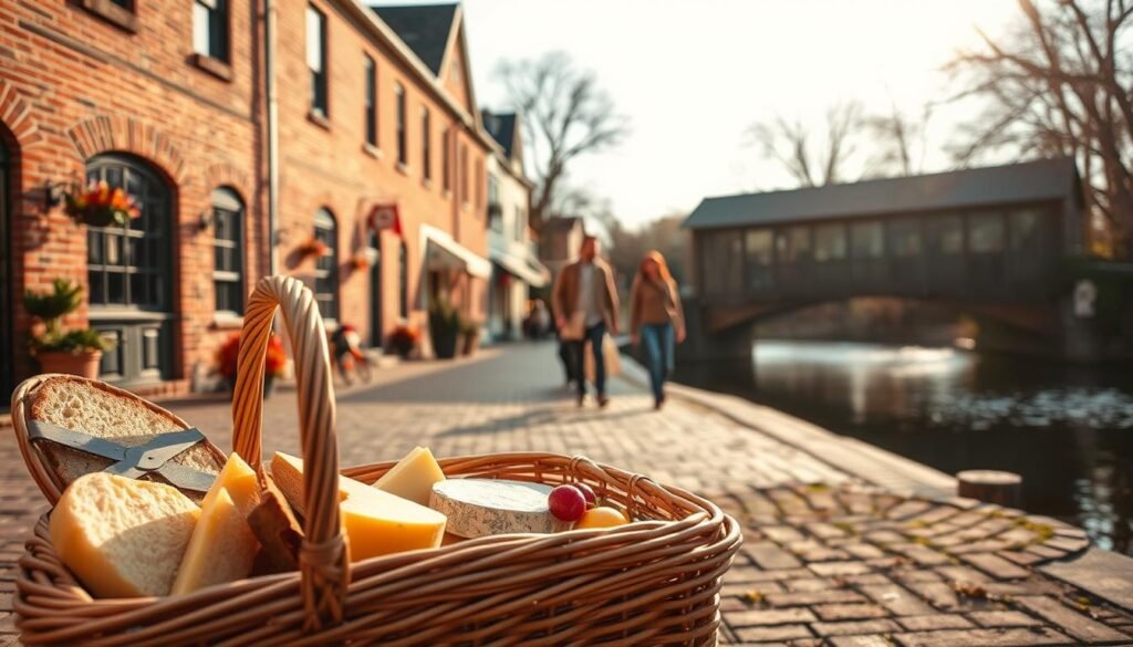 A cozy weekend getaway in Lancaster, PA. A quaint, historic town nestled in the rolling hills, with charming brick buildings, cobblestone streets, and a tranquil river winding through. In the foreground, a picnic basket overflows with local artisanal treats - fresh bread, cheese, and seasonal fruit. In the middle ground, a couple strolls hand-in-hand, taking in the sights. The background features a classic covered bridge, its wooden beams casting warm, soft shadows. The scene is bathed in the golden glow of a late afternoon sun, creating a peaceful, inviting atmosphere perfect for an idyllic weekend itinerary.