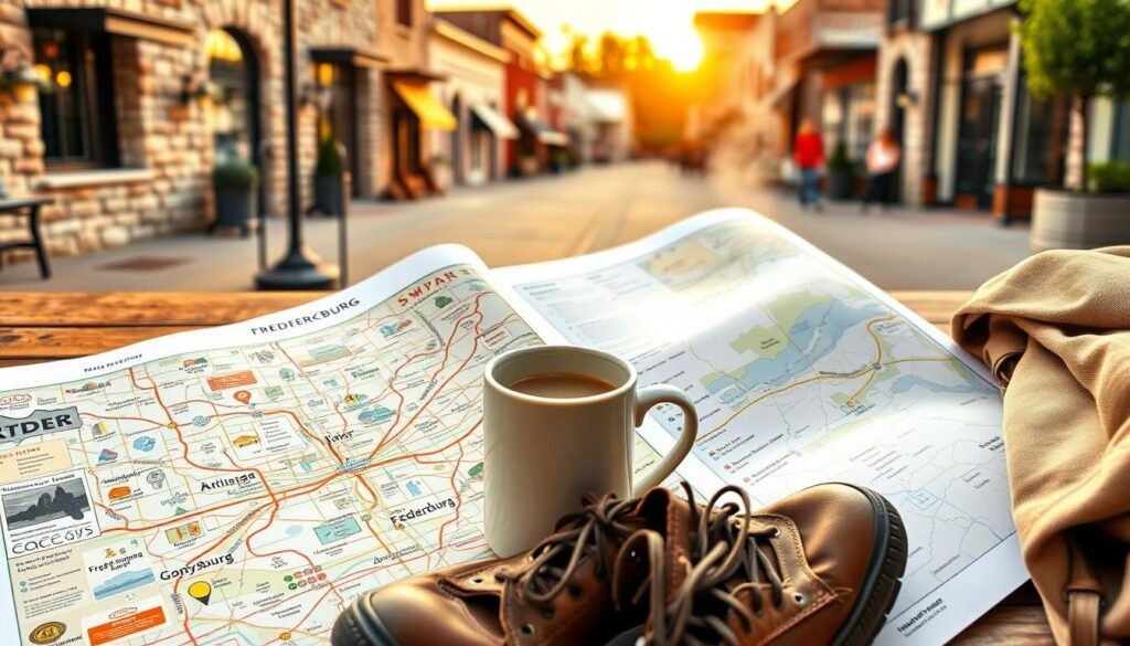 A cozy weekend itinerary in a charming Texas town. In the foreground, a detailed map of Fredericksburg unfurls, annotated with colorful icons for local attractions, cafes, and shops. In the middle ground, a pair of worn leather hiking boots and a canvas backpack sit beside a steaming mug of coffee, hinting at the adventures to come. The background depicts a picturesque Main Street scene, with historic stone buildings lining the sidewalks, their facades aglow under the warm, golden light of a setting sun. A sense of tranquility and exploration permeates the image, inviting the viewer to plan their own Fredericksburg weekend escape.