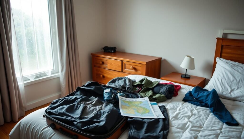 A cozy, well-lit bedroom with a wooden dresser and suitcase open on the bed. Raindrops gently patter against the window, creating a serene, contemplative atmosphere. On the bed, an assortment of practical items are neatly arranged: lightweight rain jackets, compact umbrellas, quick-drying hiking pants, and moisture-wicking tops. A travel guide and a map of Vietnam's regions are visible, hinting at the upcoming adventure. The overall scene conveys a sense of thoughtful preparation, with a focus on versatile, weather-appropriate gear to ensure a comfortable and adaptable journey through Vietnam's varied seasons. A cozy, well-lit bedroom with a wooden dresser and suitcase open on the bed. Raindrops gently patter against the window, creating a serene, contemplative atmosphere. On the bed, an assortment of practical items are neatly arranged: lightweight rain jackets, compact umbrellas, quick-drying hiking pants, and moisture-wicking tops. A travel guide and a map of Vietnam's regions are visible, hinting at the upcoming adventure. The overall scene conveys a sense of thoughtful preparation, with a focus on versatile, weather-appropriate gear to ensure a comfortable and adaptable journey through Vietnam's varied seasons.