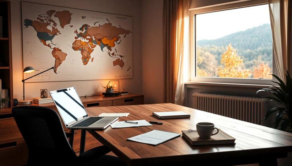 A cozy, well-lit home office, with a large wooden desk and an ergonomic chair. On the desk, a laptop, a notebook, and a cup of steaming coffee. In the background, a large map of the world hangs on the wall, pinpointing potential travel destinations. Soft, warm lighting illuminates the scene, creating a serene and focused atmosphere. A window in the corner offers a glimpse of a lush, autumnal landscape outside, hinting at the beauty of the upcoming trip. The overall scene conveys a sense of organized planning, research, and excitement for the upcoming November adventure. A cozy, well-lit home office, with a large wooden desk and an ergonomic chair. On the desk, a laptop, a notebook, and a cup of steaming coffee. In the background, a large map of the world hangs on the wall, pinpointing potential travel destinations. Soft, warm lighting illuminates the scene, creating a serene and focused atmosphere. A window in the corner offers a glimpse of a lush, autumnal landscape outside, hinting at the beauty of the upcoming trip. The overall scene conveys a sense of organized planning, research, and excitement for the upcoming November adventure.