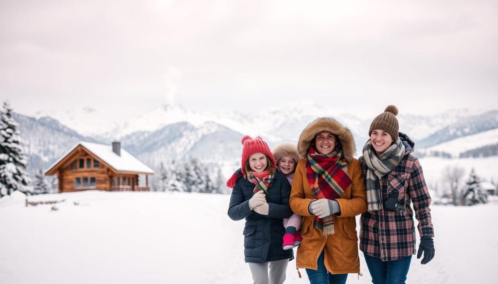 A cozy winter wonderland scene featuring a family of four - parents and two young children - enjoying a snowy vacation. The foreground shows the family bundled up in warm winter attire, smiling and walking together through a picturesque snow-covered landscape. In the middle ground, a snow-dusted log cabin is visible, with smoke curling from the chimney. The background depicts a majestic mountain range, its peaks capped in pristine white snow, under a softly overcast sky that casts a gentle, diffused light across the entire scene. The overall mood is one of togetherness, comfort, and the joy of experiencing the beauty of winter in a family-friendly, scenic setting. A cozy winter wonderland scene featuring a family of four - parents and two young children - enjoying a snowy vacation. The foreground shows the family bundled up in warm winter attire, smiling and walking together through a picturesque snow-covered landscape. In the middle ground, a snow-dusted log cabin is visible, with smoke curling from the chimney. The background depicts a majestic mountain range, its peaks capped in pristine white snow, under a softly overcast sky that casts a gentle, diffused light across the entire scene. The overall mood is one of togetherness, comfort, and the joy of experiencing the beauty of winter in a family-friendly, scenic setting.