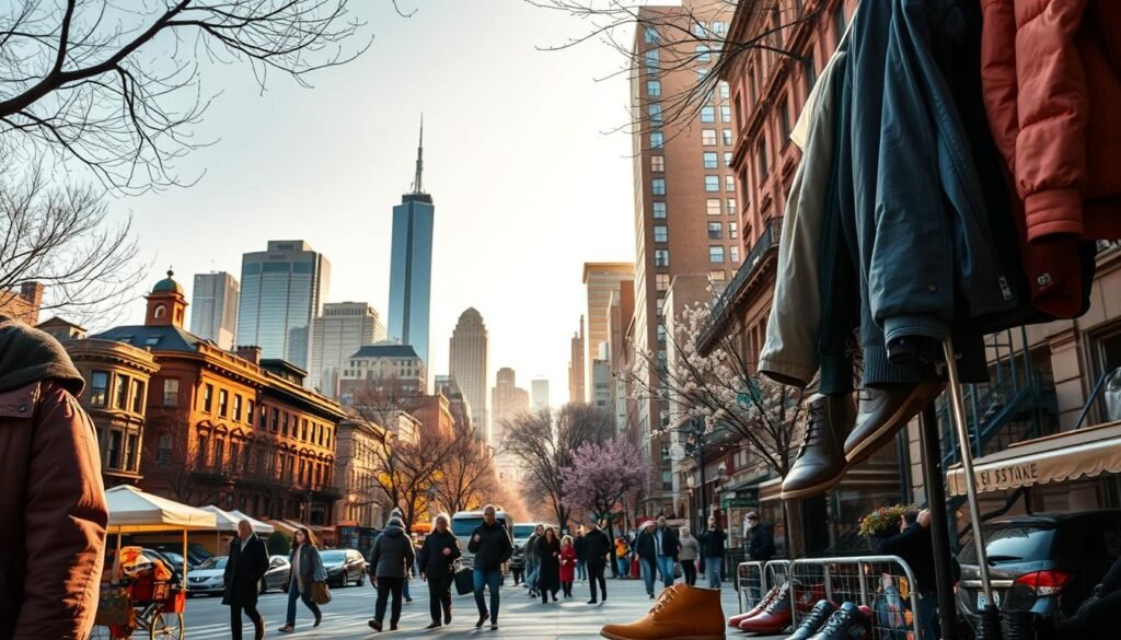 A crisp, sunny spring day in New York City, with a soft, golden light illuminating the iconic skyline. In the foreground, a diverse array of seasonal clothing - lightweight jackets, umbrellas, and comfortable walking shoes - neatly arranged, hinting at the versatile wardrobe needed to navigate the city's changeable weather. The middle ground features a bustling street scene, with pedestrians strolling past brownstone buildings, street vendors, and blooming trees. In the background, the towering skyscrapers of Manhattan stand tall, their glass facades glimmering in the warm afternoon sun. The overall atmosphere conveys the vibrant and dynamic nature of New York, where the seasons are celebrated and the city's energy is palpable.