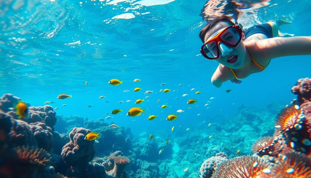 A crystal-clear underwater scene, sunlight streaming through the azure water, illuminating a vibrant coral reef teeming with colorful marine life. In the foreground, a snorkeler glides effortlessly, their mask and snorkel reflecting the brilliant hues of the tropical fish darting through the warm, inviting waters. The middle ground features a diverse array of corals, anemones, and sea fans, their intricate structures swaying gently in the ocean currents. In the background, the seafloor gradually fades into the distance, hinting at the boundless wonder of the Bahamian underwater world. The overall mood is one of serenity, adventure, and a sense of pure, unadulterated immersion in the natural beauty of this captivating aquatic realm.