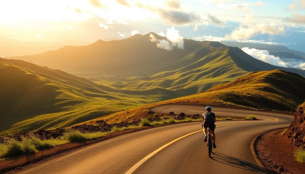 A cyclist rides down a winding mountain road, surrounded by the lush, green slopes of Haleakalā Crater in Maui. The sun casts a warm, golden glow over the scene, illuminating the sharp volcanic ridges in the distance. In the foreground, the rider glides effortlessly, capturing the thrill and freedom of the coast-to-crater descent. The road twists and turns, offering breathtaking vistas of the island's dramatic landscape. Wispy clouds drift overhead, adding to the serene, picturesque atmosphere. The image conveys the sense of adventure and natural beauty that defines a Haleakalā bike tour, a quintessential Maui experience. A cyclist rides down a winding mountain road, surrounded by the lush, green slopes of Haleakalā Crater in Maui. The sun casts a warm, golden glow over the scene, illuminating the sharp volcanic ridges in the distance. In the foreground, the rider glides effortlessly, capturing the thrill and freedom of the coast-to-crater descent. The road twists and turns, offering breathtaking vistas of the island's dramatic landscape. Wispy clouds drift overhead, adding to the serene, picturesque atmosphere. The image conveys the sense of adventure and natural beauty that defines a Haleakalā bike tour, a quintessential Maui experience.