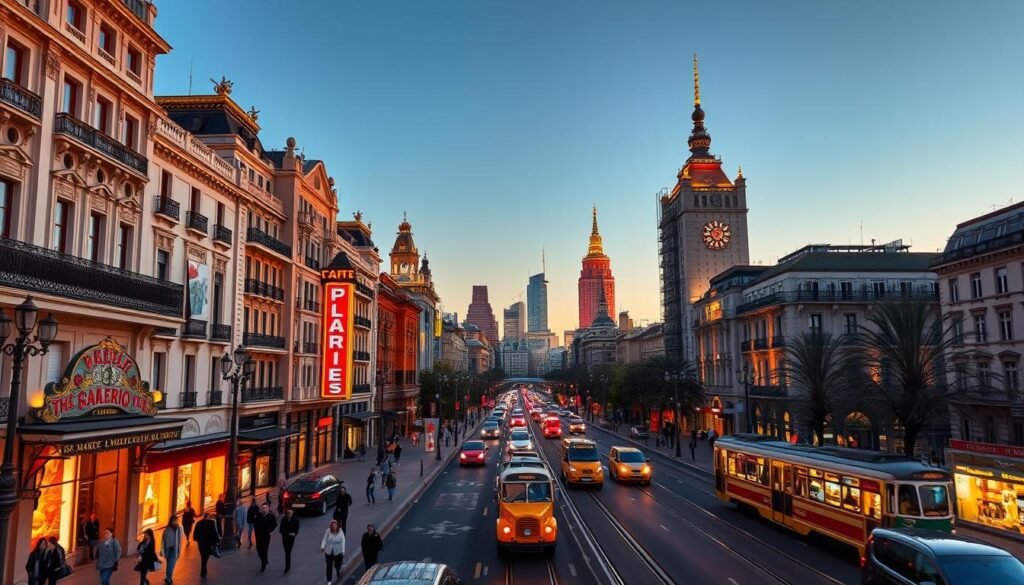 A dazzling evening stroll along the iconic Gran Vía in Madrid, Spain. The grand avenue is lined with Art Nouveau and Art Deco architecture, casting warm, golden hues across the bustling promenade as the sun dips below the horizon. In the foreground, pedestrians amble past elegant storefronts and vibrant neon signs, while in the middle ground, vintage trams and automobiles navigate the lively street. The background is dominated by the towering, illuminated skyscrapers and historic landmarks that define Madrid's skyline, creating a captivating urban tableau bathed in the soft glow of dusk.