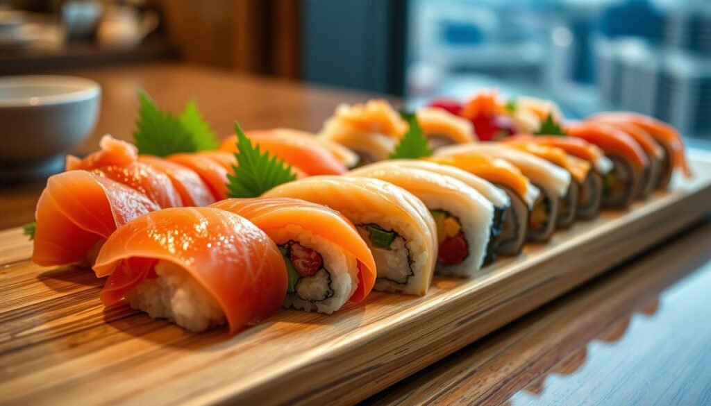 A delicate arrangement of fresh sushi on a sleek wooden board, capturing the essence of Japanese culinary artistry. The nigiri glistens under soft, diffused lighting, showcasing the vibrant hues of expertly sliced tuna, salmon, and yellowtail. Delicate rolls unfurl, revealing the precise layering of rice, nori, and an array of fillings, inviting the viewer to savor the harmonious flavors. In the background, a blurred cityscape hints at the bustling energy of Tokyo, where this quintessential Japanese delight is celebrated and perfected.