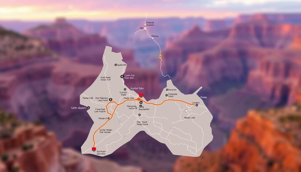 A detailed, high-resolution map of the South Rim shuttle system at the Grand Canyon National Park. The map shows the layout of the shuttle routes, with key pickup and drop-off locations clearly marked. The map is rendered with a clean, modern aesthetic, using a color palette that evokes the natural beauty of the Canyon. The background features a subtle, blurred view of the South Rim landscape, providing context and a sense of place. The image is shot from an elevated angle, creating a comprehensive, easy-to-navigate overview of the shuttle system. Crisp, clear line work and intuitive iconography make the map easy to read and understand, perfect for planning a visit to the Grand Canyon during any season. A detailed, high-resolution map of the South Rim shuttle system at the Grand Canyon National Park. The map shows the layout of the shuttle routes, with key pickup and drop-off locations clearly marked. The map is rendered with a clean, modern aesthetic, using a color palette that evokes the natural beauty of the Canyon. The background features a subtle, blurred view of the South Rim landscape, providing context and a sense of place. The image is shot from an elevated angle, creating a comprehensive, easy-to-navigate overview of the shuttle system. Crisp, clear line work and intuitive iconography make the map easy to read and understand, perfect for planning a visit to the Grand Canyon during any season.