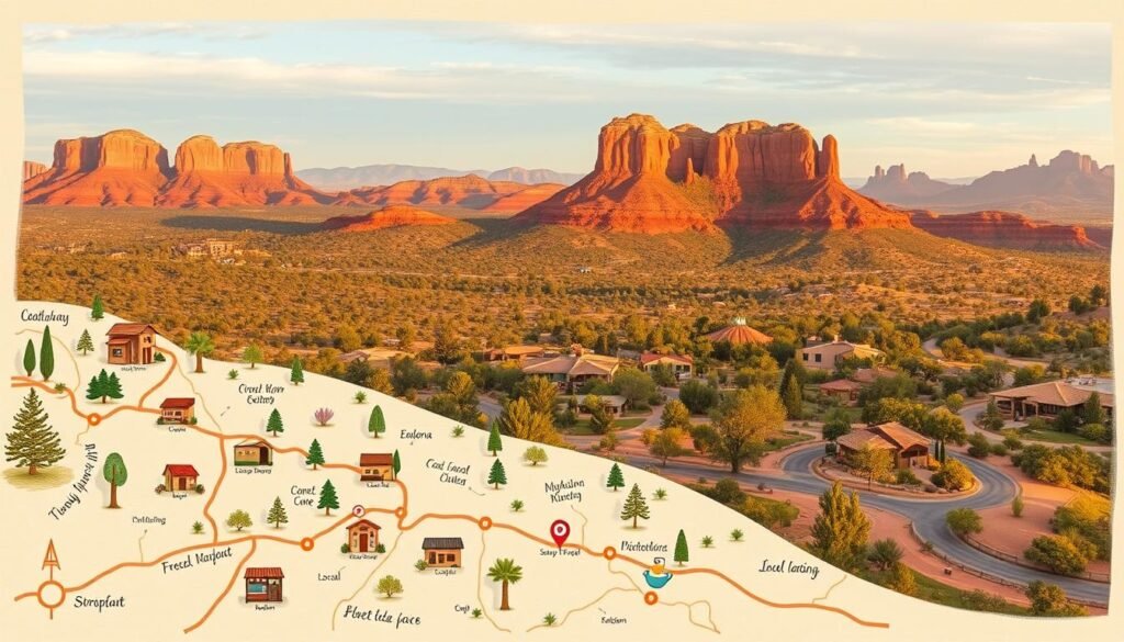 A detailed map of Sedona's best coffee and breakfast spots, rendered in a warm, inviting style. In the foreground, a hand-drawn, artisanal map with icons denoting each local cafe and eatery, meticulously placed along winding roads. The middle ground features lush, verdant landscapes, red rock formations, and cozy cottages, all bathed in the soft, golden light of the desert sunrise. In the background, a panoramic vista of Sedona's iconic landmarks, such as Cathedral Rock and Courthouse Butte, creating a sense of place and context. The overall mood is one of exploration, discovery, and the appreciation of Sedona's vibrant culinary scene and natural beauty.