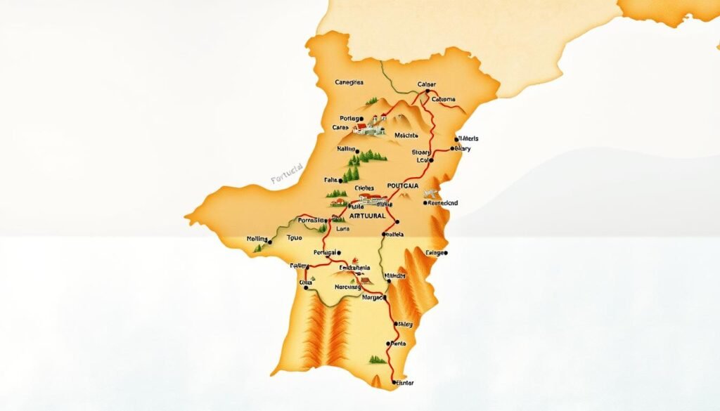 A detailed map of the distinct regions of Portugal, showcasing the varied landscapes and microclimates across the country. The foreground depicts the main geographic features - rolling hills, rugged coastlines, and sprawling vineyards. The middle ground highlights the major cities and towns, each with its unique architectural style and cultural heritage. The background features a soft, watercolor-like rendering of the country's borders, emphasizing the diversity within a relatively small landmass. The overall palette is warm and earthy, evoking the rich, sun-drenched ambiance of the Iberian Peninsula. Subtle lighting casts gentle shadows, adding depth and dimensionality to the illustration. The map is presented in a clean, minimalist style, allowing the natural beauty of Portugal to take center stage.