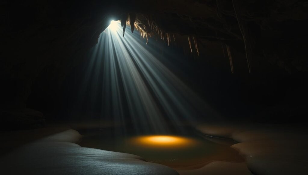 A dimly lit, awe-inspiring cavern carved from the earth, its walls adorned with intricate natural sculptures. Rays of soft, diffused light stream in through a narrow opening, casting a warm, ethereal glow upon the smooth, undulating floor. Stalactites and stalagmites reach up and down, creating a sense of ancient, primal power. The air is cool and damp, filled with the echoes of dripping water. In the center, a shallow pool reflects the scene, creating a sense of depth and tranquility. This is the "Birthing Cave," a hidden gem for the adventurous hiker, a place of wonder and profound connection with the natural world.