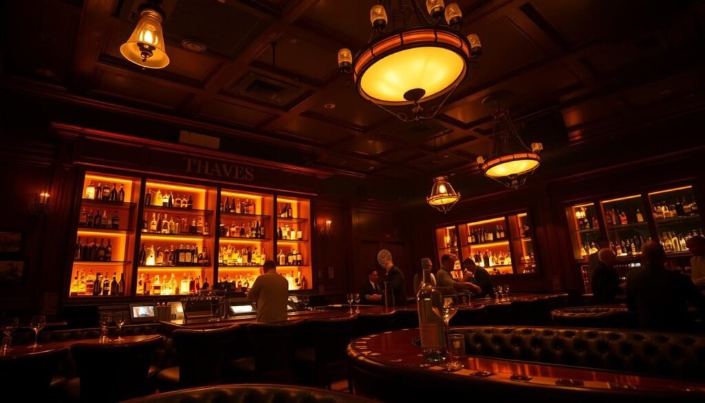 A dimly lit, speakeasy-style cocktail lounge in the heart of Kansas City's vibrant Power & Light District. The interior is bathed in a warm, amber glow, with vintage chandeliers and plush, leather-upholstered seating. At the bar, mixologists artfully craft classic and signature cocktails, their movements illuminated by the soft light of the backlit shelves displaying an impressive array of premium spirits. In the background, the muted sounds of jazz music and low conversations create an intimate, convivial atmosphere, transporting patrons to a bygone era of sophisticated indulgence. The scene is captured through a wide-angle lens, conveying a sense of depth and immersion within this hidden oasis of Kansas City nightlife. A dimly lit, speakeasy-style cocktail lounge in the heart of Kansas City's vibrant Power & Light District. The interior is bathed in a warm, amber glow, with vintage chandeliers and plush, leather-upholstered seating. At the bar, mixologists artfully craft classic and signature cocktails, their movements illuminated by the soft light of the backlit shelves displaying an impressive array of premium spirits. In the background, the muted sounds of jazz music and low conversations create an intimate, convivial atmosphere, transporting patrons to a bygone era of sophisticated indulgence. The scene is captured through a wide-angle lens, conveying a sense of depth and immersion within this hidden oasis of Kansas City nightlife.