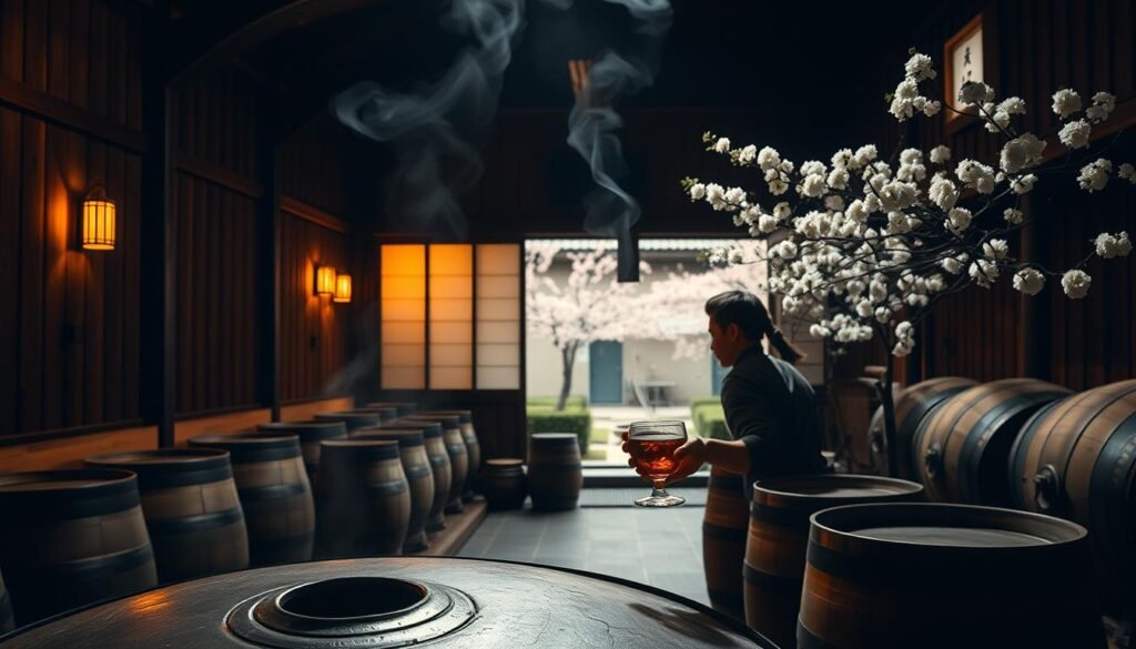 A dimly lit, traditional Japanese sake brewery, with a wooden interior and soft, amber lighting. In the foreground, a skilled brewer carefully pours steaming hot sake from a ceramic flask into a delicate glass, the liquid shimmering with a rich, golden hue. The middle ground showcases rows of aging sake casks, their surfaces marked with the passage of time. In the background, a glimpse of a tranquil courtyard, where cherry blossoms sway gently in the breeze, creating a serene and contemplative atmosphere. The overall scene conveys the centuries-old craft and cultural significance of sake-making in Japan.