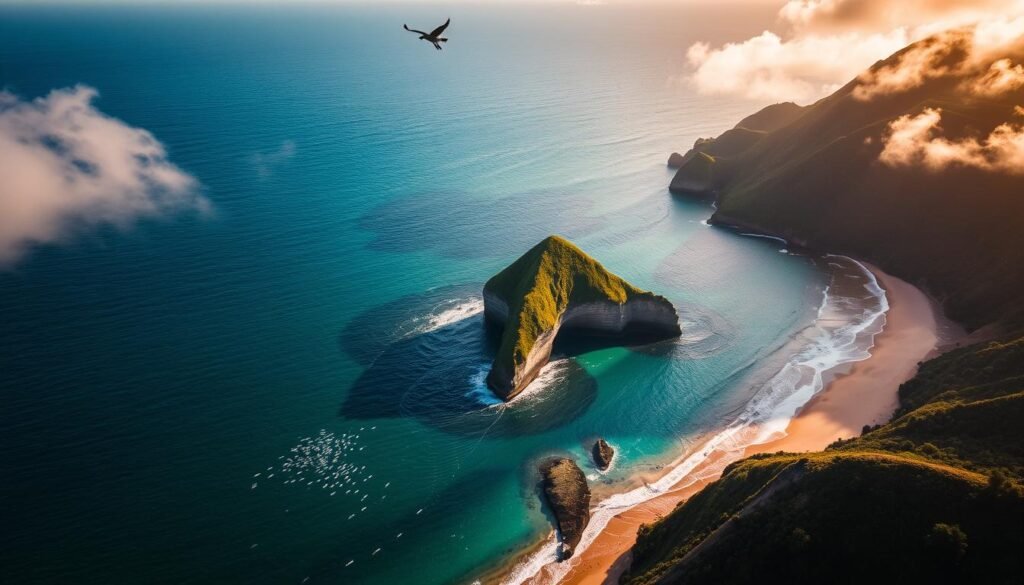 A dramatic aerial view of the iconic Whale Tail formation at Marino Ballena National Park in Costa Rica. The stunning natural rock formation emerges from the turquoise waters of the Pacific Ocean, surrounded by lush green hills and a pristine tropical beach. Warm, golden afternoon sunlight filters through wispy clouds, casting dramatic shadows and highlights across the rugged coastline. A school of silvery fish can be seen swimming in the shallows, while a lone seabird soars overhead. The tranquil, serene atmosphere evokes the natural beauty and ecological richness of this remarkable coastal region. A dramatic aerial view of the iconic Whale Tail formation at Marino Ballena National Park in Costa Rica. The stunning natural rock formation emerges from the turquoise waters of the Pacific Ocean, surrounded by lush green hills and a pristine tropical beach. Warm, golden afternoon sunlight filters through wispy clouds, casting dramatic shadows and highlights across the rugged coastline. A school of silvery fish can be seen swimming in the shallows, while a lone seabird soars overhead. The tranquil, serene atmosphere evokes the natural beauty and ecological richness of this remarkable coastal region.