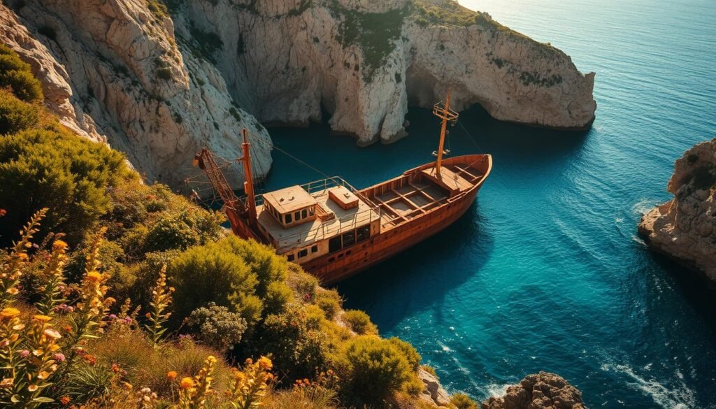 A dramatic aerial view of the iconic Zakynthos shipwreck, its rusted hull nestled amidst the turquoise waters and dramatic limestone cliffs. Warm golden sunlight illuminates the scene, casting long shadows across the wreck's weathered exterior. In the foreground, lush green foliage and vibrant wildflowers cascade down the rocky slopes, adding a touch of natural beauty to the rugged, windswept landscape. The deep blue Ionian Sea stretches out beyond the wreck, its gentle waves lapping at the rocky shore. An enchanting, cinematic atmosphere pervades the entire composition, capturing the sense of adventure and mystery that surrounds this legendary shipwreck site.