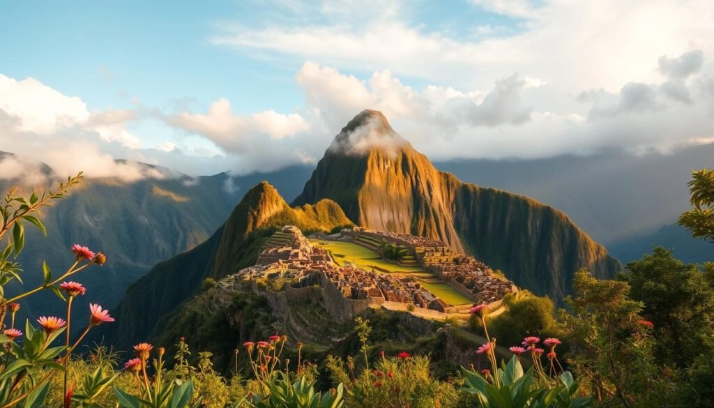 A dramatic landscape capturing the seasonal weather patterns of Machu Picchu. In the foreground, lush green vegetation and vibrant wildflowers sway in a gentle breeze. The middle ground features the ancient Inca ruins bathed in warm, golden sunlight, with wispy clouds drifting overhead. In the distance, the majestic Andes mountains rise up, their peaks shrouded in a soft, misty haze. The overall scene conveys the transitions between the dry and rainy seasons, with the changing light and atmospheric conditions subtly hinting at the optimal times to visit this iconic Peruvian destination.