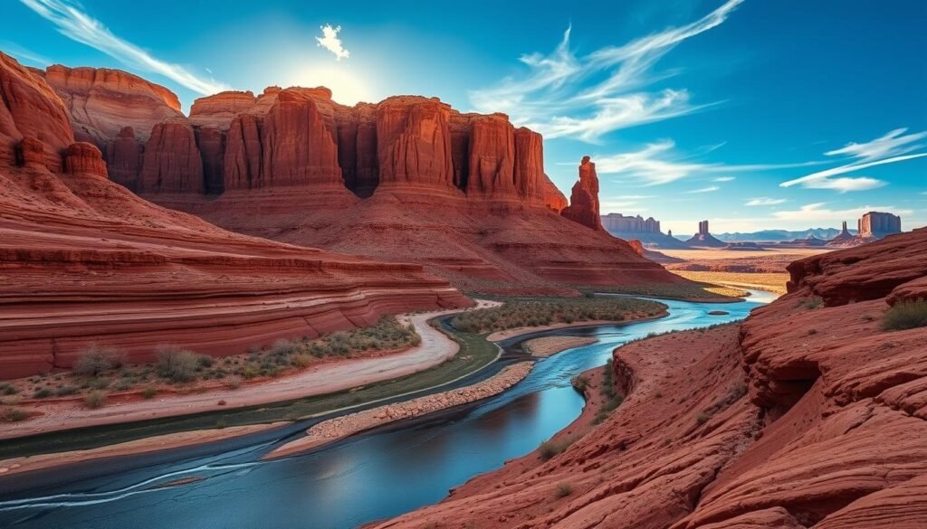 A dramatic landscape of towering red sandstone formations, carved by time and the elements, rises majestically against a clear azure sky. In the foreground, a winding river snakes through the rugged terrain, its reflective surface mirroring the surrounding cliffs. Layers of sedimentary rock in shades of crimson, ochre, and amber create a visually striking tapestry, while the distant horizon is dotted with the iconic domes and spires of Canyonlands National Park. Sunlight filters through wispy clouds, casting dramatic shadows and highlighting the intricate textures of the weathered rock. The scene exudes a sense of timeless, untamed beauty, inviting the viewer to explore the hidden wonders of Capitol Reef and Canyonlands. A dramatic landscape of towering red sandstone formations, carved by time and the elements, rises majestically against a clear azure sky. In the foreground, a winding river snakes through the rugged terrain, its reflective surface mirroring the surrounding cliffs. Layers of sedimentary rock in shades of crimson, ochre, and amber create a visually striking tapestry, while the distant horizon is dotted with the iconic domes and spires of Canyonlands National Park. Sunlight filters through wispy clouds, casting dramatic shadows and highlighting the intricate textures of the weathered rock. The scene exudes a sense of timeless, untamed beauty, inviting the viewer to explore the hidden wonders of Capitol Reef and Canyonlands.