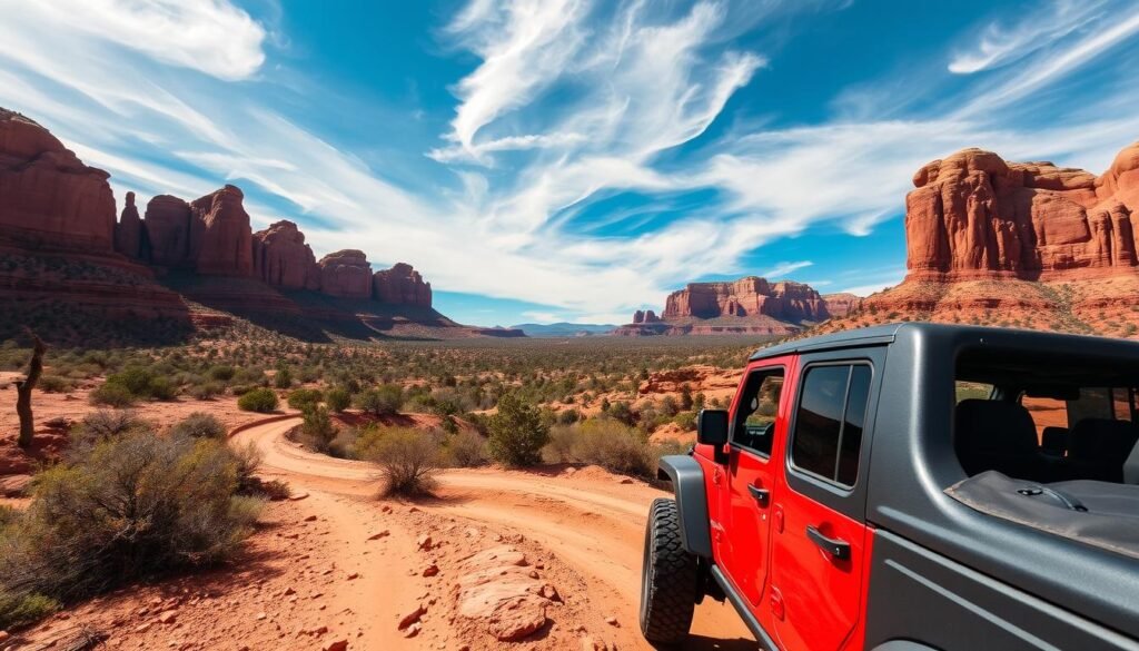 A dramatic off-road jeep tour winding through the iconic red rock formations of Sedona, Arizona. In the foreground, a rugged 4x4 vehicle navigates the rocky terrain, its bright red paint gleaming in the warm desert sunlight. The middle ground features towering sandstone cliffs and mesas, their vibrant hues of red, orange, and ochre creating a stunning natural backdrop. In the distance, the sky is a brilliant blue, with wispy clouds casting dynamic shadows across the landscape. The overall scene conveys a sense of adventure, excitement, and the sheer awe-inspiring beauty of the Sedona region.