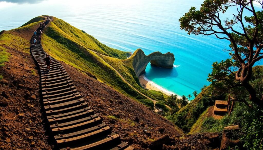 A dramatic, sun-drenched view of the iconic Koko Head trail winding up the steep, rugged slopes of the volcanic crater. In the foreground, the sturdy, wooden railroad ties that make up the famous "Koko Head Stairs" climb steadily upwards, casting long shadows in the warm afternoon light. Hikers ascend the arduous, 1,048 step challenge, their silhouettes dotting the trail. In the middle ground, the lush, verdant ridgeline frames the scene, leading the eye towards the distant azure waters of the Pacific Ocean and the dramatic coastal arch formation in the background, bathed in a soft, golden glow. A dramatic, sun-drenched view of the iconic Koko Head trail winding up the steep, rugged slopes of the volcanic crater. In the foreground, the sturdy, wooden railroad ties that make up the famous "Koko Head Stairs" climb steadily upwards, casting long shadows in the warm afternoon light. Hikers ascend the arduous, 1,048 step challenge, their silhouettes dotting the trail. In the middle ground, the lush, verdant ridgeline frames the scene, leading the eye towards the distant azure waters of the Pacific Ocean and the dramatic coastal arch formation in the background, bathed in a soft, golden glow.