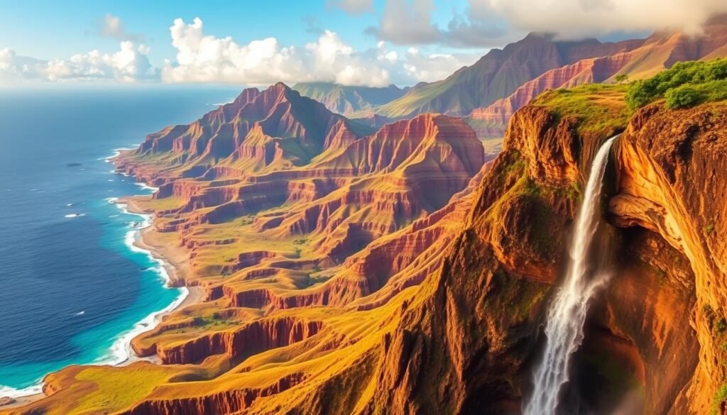 A dramatic vista of Kauaʻi's rugged Nāpali Coast, with its towering sea cliffs and lush, verdant valleys tumbling down to the azure waters of the Pacific. In the foreground, a sweeping vista of Waimea Canyon, its layered geological formations bathed in warm, golden light. In the distance, a majestic waterfall cascades over a rocky outcrop, its misty plumes rising into the air. The scene is imbued with a sense of serene grandeur, capturing the natural beauty and awe-inspiring landscapes that define the island of Kauaʻi. A dramatic vista of Kauaʻi's rugged Nāpali Coast, with its towering sea cliffs and lush, verdant valleys tumbling down to the azure waters of the Pacific. In the foreground, a sweeping vista of Waimea Canyon, its layered geological formations bathed in warm, golden light. In the distance, a majestic waterfall cascades over a rocky outcrop, its misty plumes rising into the air. The scene is imbued with a sense of serene grandeur, capturing the natural beauty and awe-inspiring landscapes that define the island of Kauaʻi.